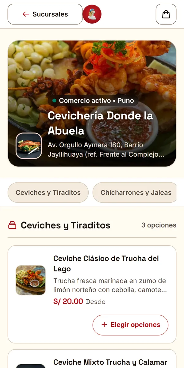Carta de un comercio en la app de delivery