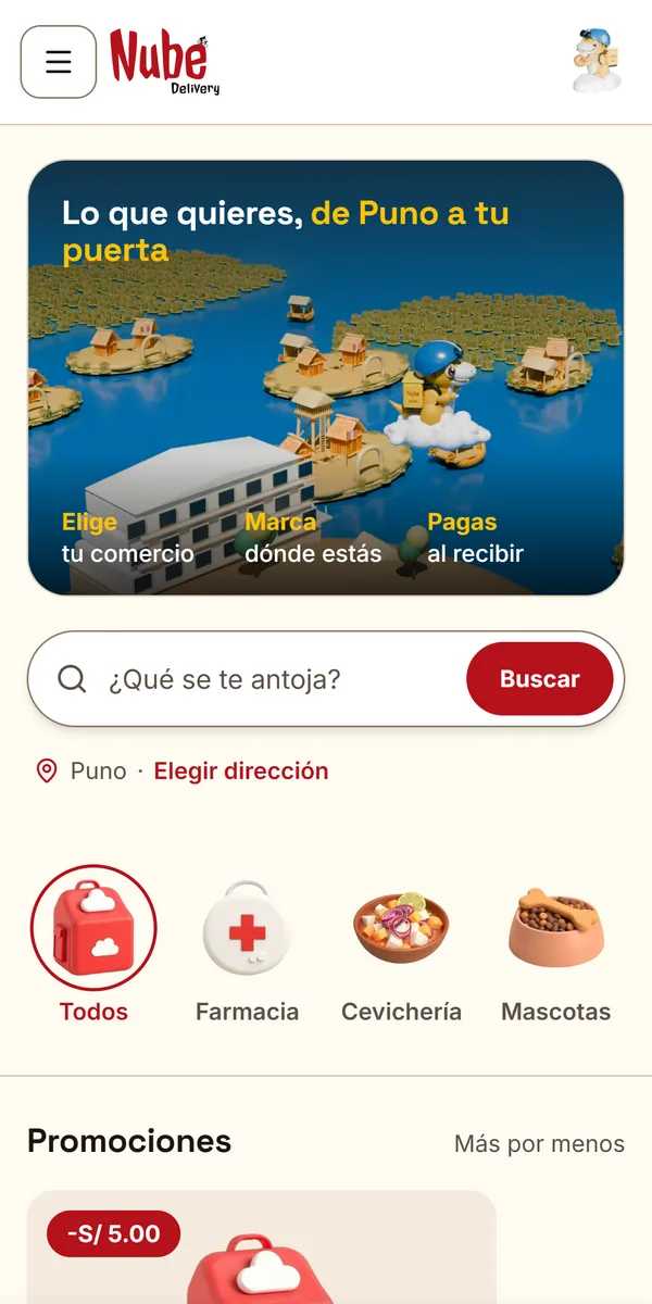 Inicio de la app de delivery Nube con el dinonube sobre Puno