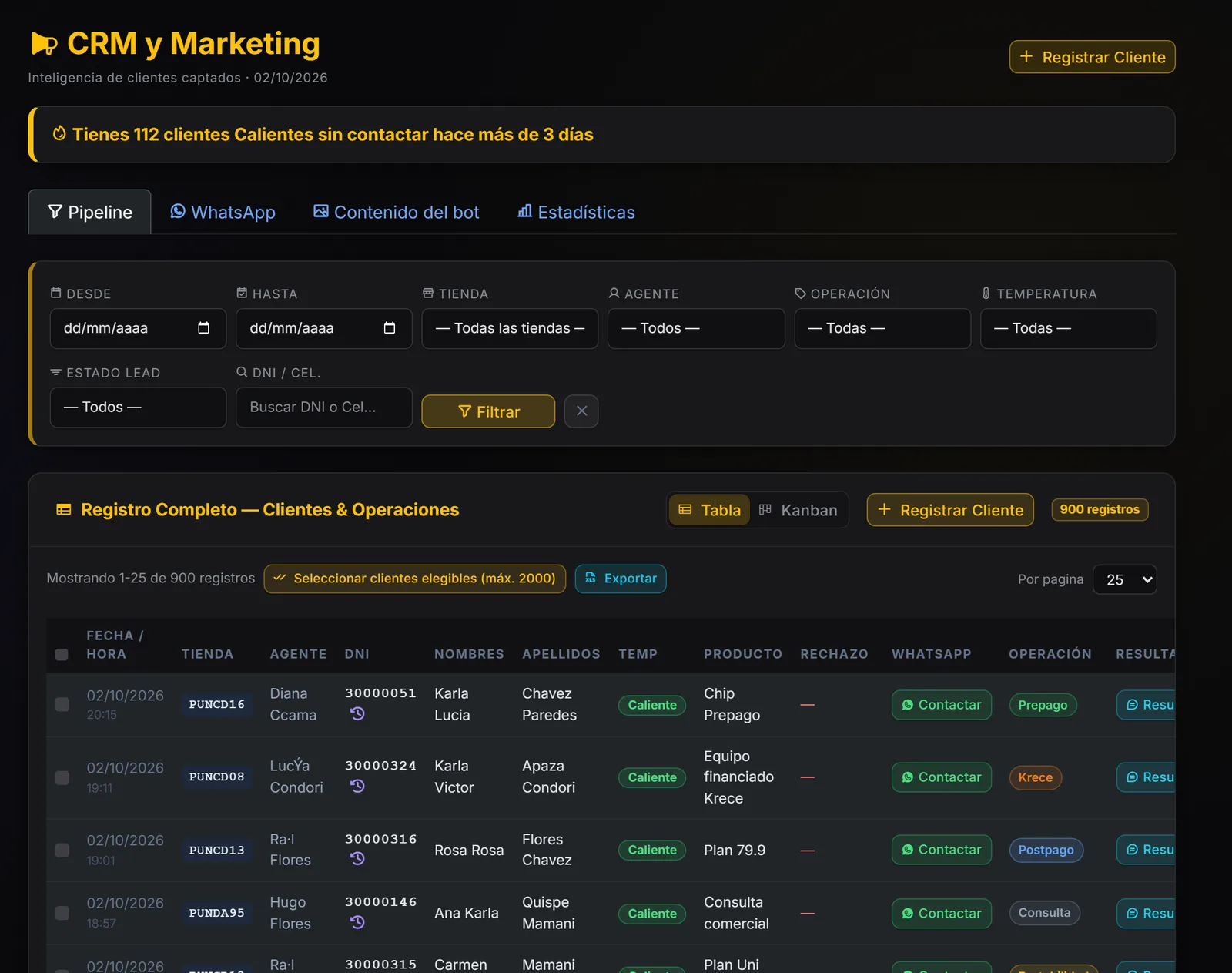 CRM con clientes, seguimiento y embudo de ventas