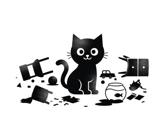 Gato en medio de un desorden de papeles y objetos
